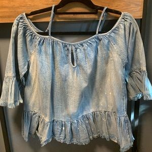NEW Denim Western Women’s open shoulder frayed distressed top